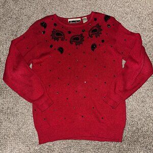Vintage Dana Scott Red & Black Sequin Beaded Sweater Size M Holiday paisley